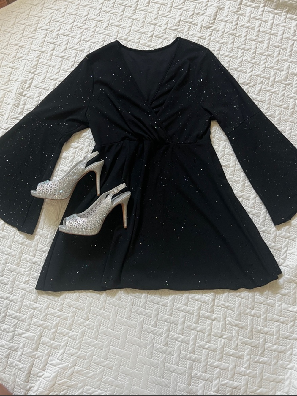 Black Sparkle Wrap-Front Flared Sleeve Cocktail Mini Dress 2X